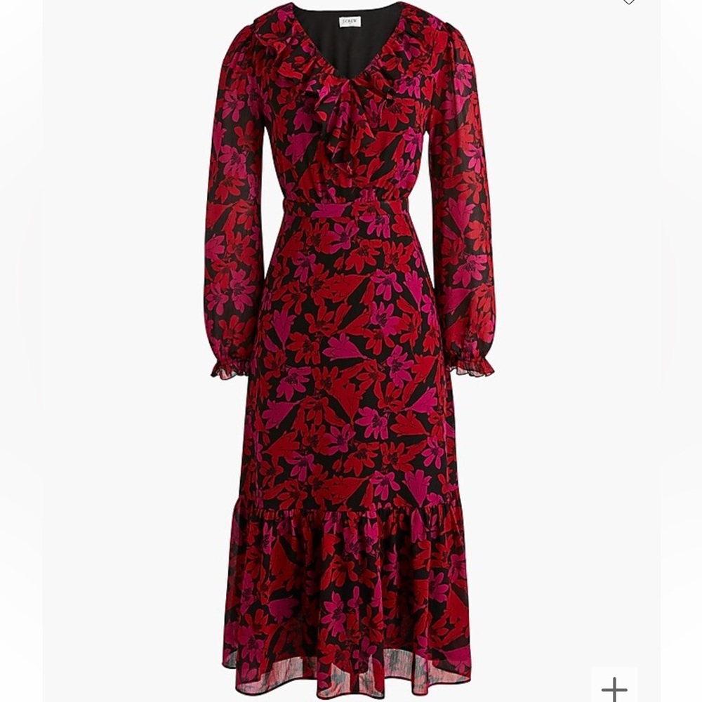 J crew  V neck tiered women red/black floral midi dress  size  18 nwt